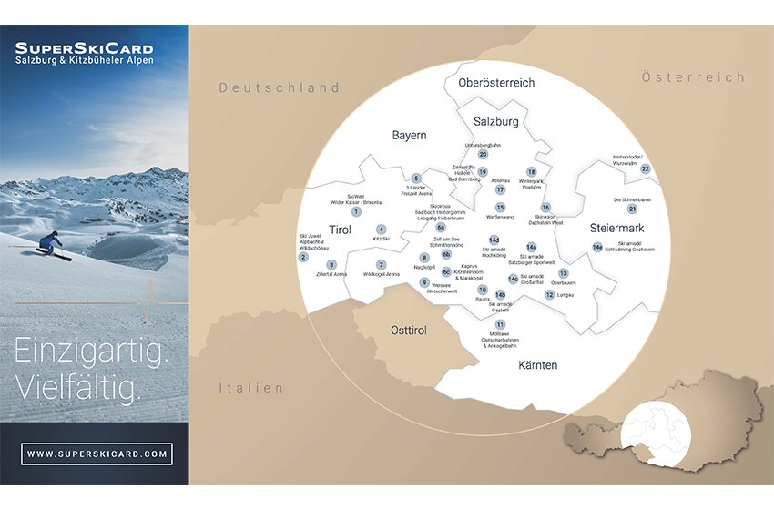 SuperSkiCard map showing 21 ski resorts in Salzburg, Tyrol, Styria, Upper Austria, Carinthia, and East Tyrol. | © Schmittenhöhebahn AG