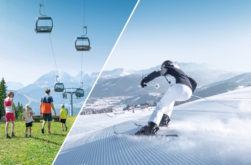 Split image of family hiking in summer and skier on freshly groomed winter slope. | © Ski amadé GmbH