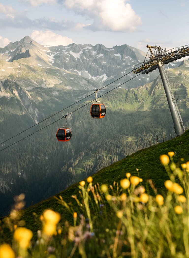 Two red gondolas travel on a cable car above a green meadow with yellow flowers and alpine mountains under a cloudy sky | © Gasteiner Bergbahnen AG